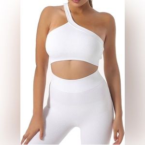 Workout Set 2 Seamless Ribbed Sport One Shoulder Bra High Waist Yoga Leggings